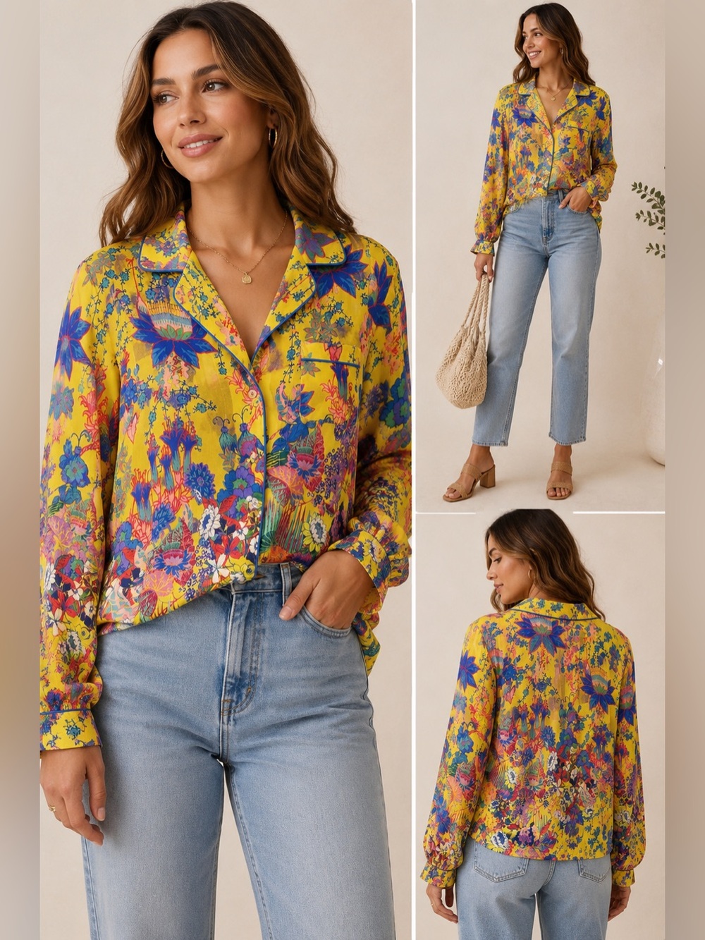 Anthropologie Yellow Tropical Botanical Print Button Front Blouse XS